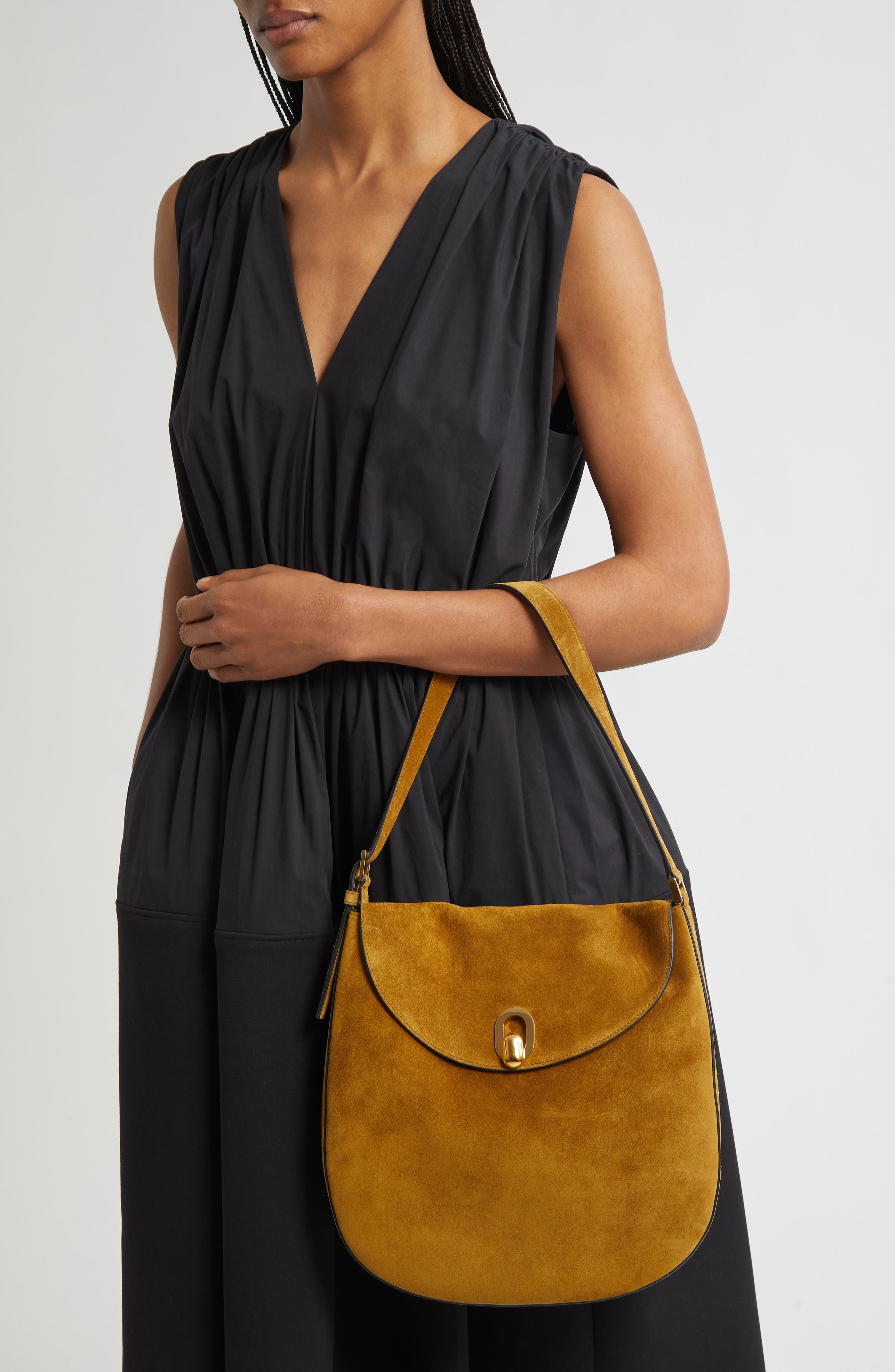 SAVETTE Large Tondo Suede Hobo Bag, Alternate, color, Sepia