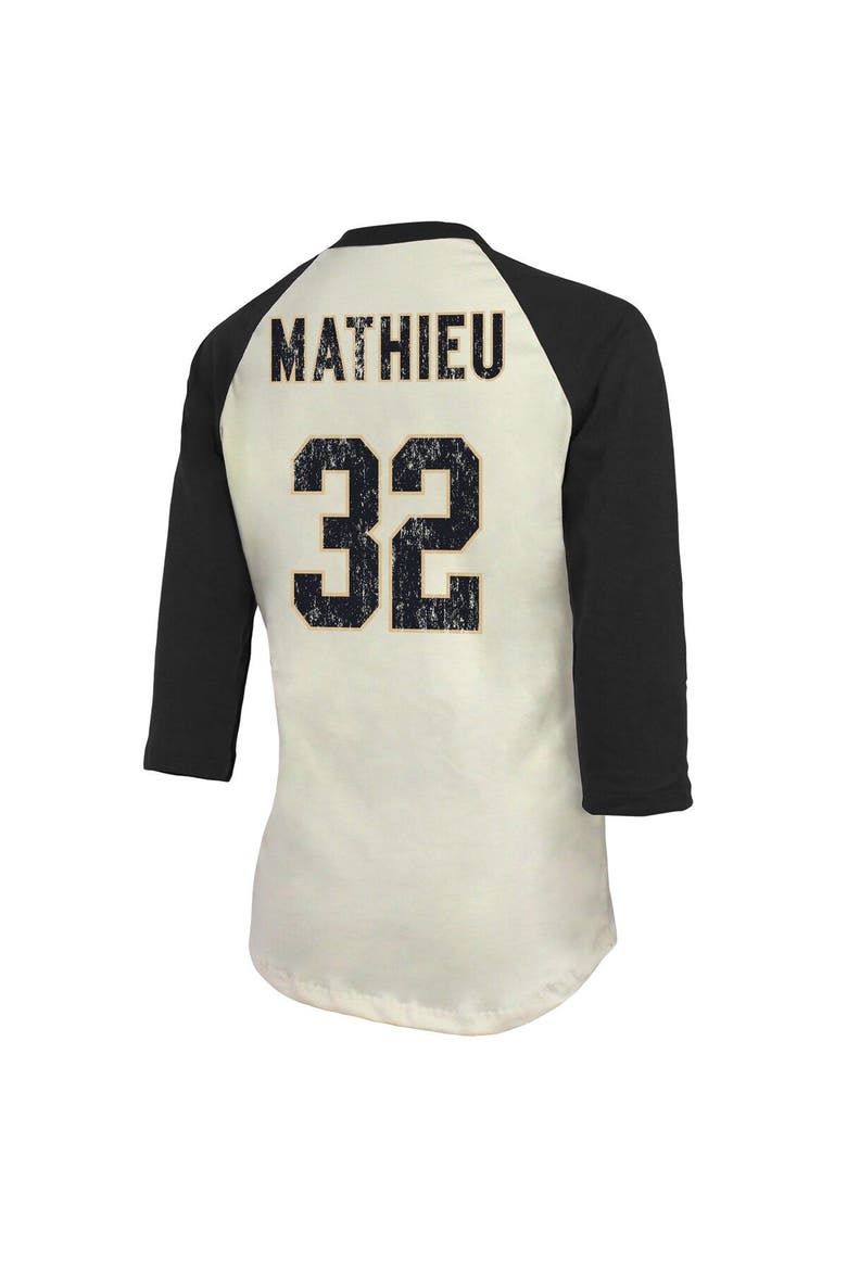 Women's Majestic Threads Tyrann Mathieu Cream/Black New Orleans Saints Name & Number Raglan 3/4 Sleeve T-Shirt, Alternate, color, Cream