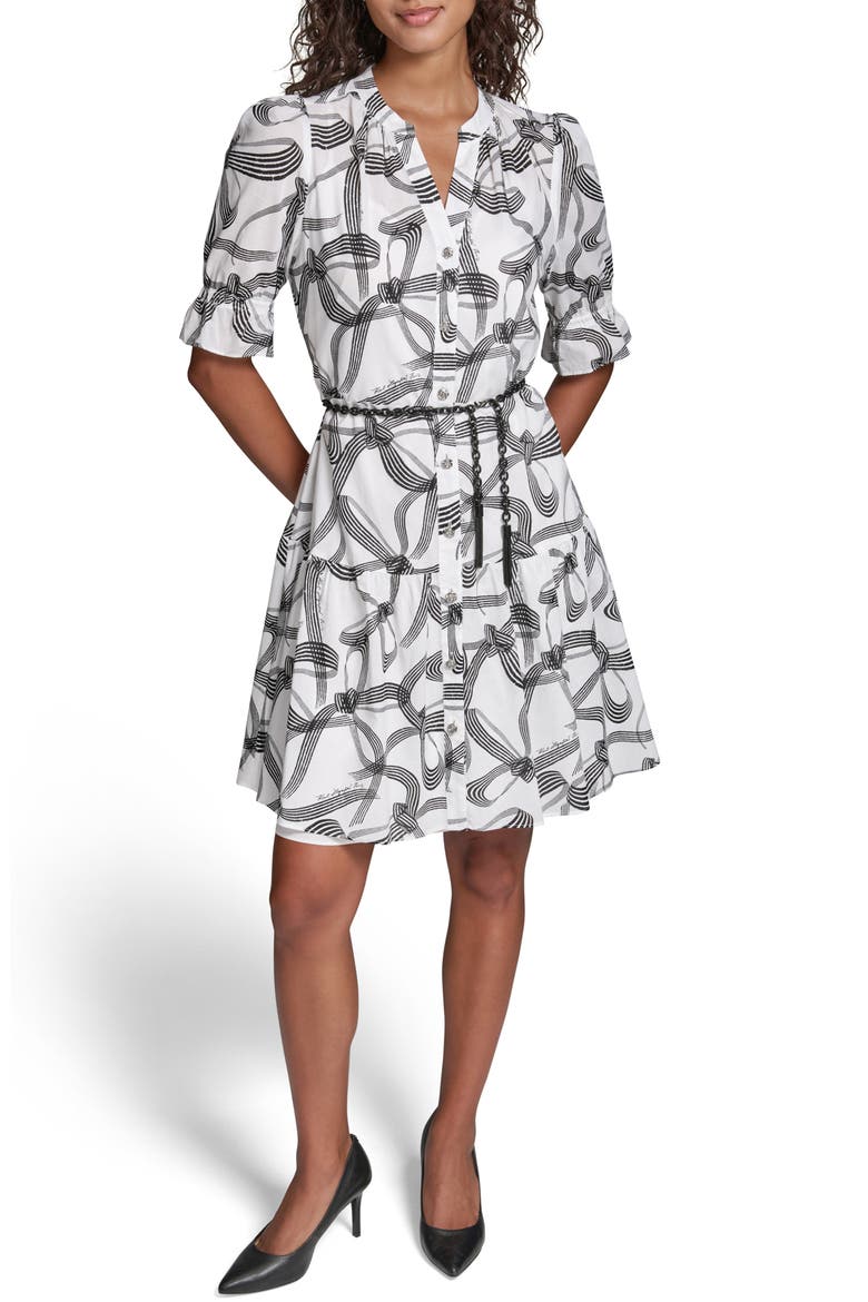 Ribbon Print Belted Cotton Shirtdress, Main, color, SOFT WHITE/ BLACK MULTI