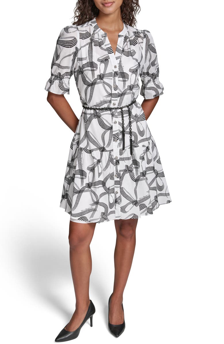 KARL LAGERFELD PARIS Ribbon Print Belted Cotton Shirtdress, Main, color, 