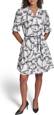 KARL LAGERFELD PARIS Ribbon Print Belted Cotton Shirtdress