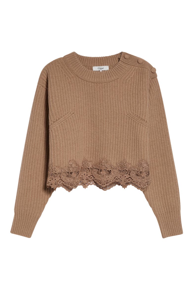 Guipure Lace Hem Wool & Cashmere Crop Sweater, Main, color, BLEACHED BROWN