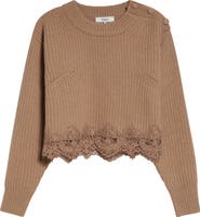 Chloé Guipure Lace Hem Wool & Cashmere Crop Sweater