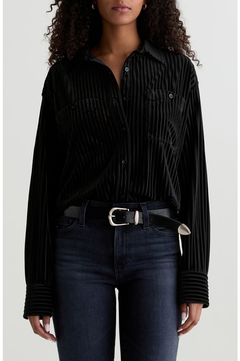 Leny Relaxed Fit Velvet Button-Up Shirt, Main, color, SUPER BLACK