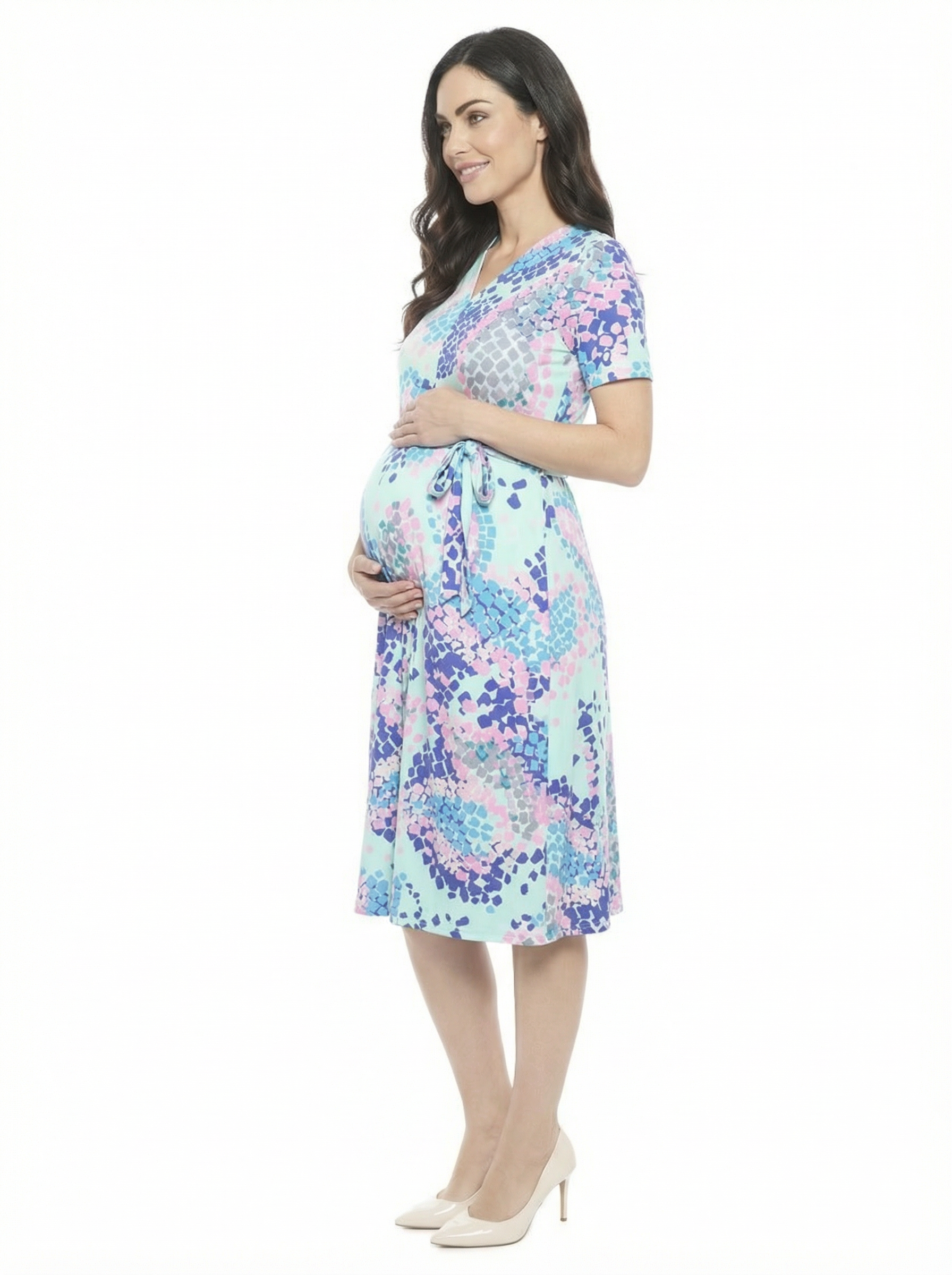 24seven Comfort Apparel Maternity Abstract V-Neck Short Sleeve A-Line ...