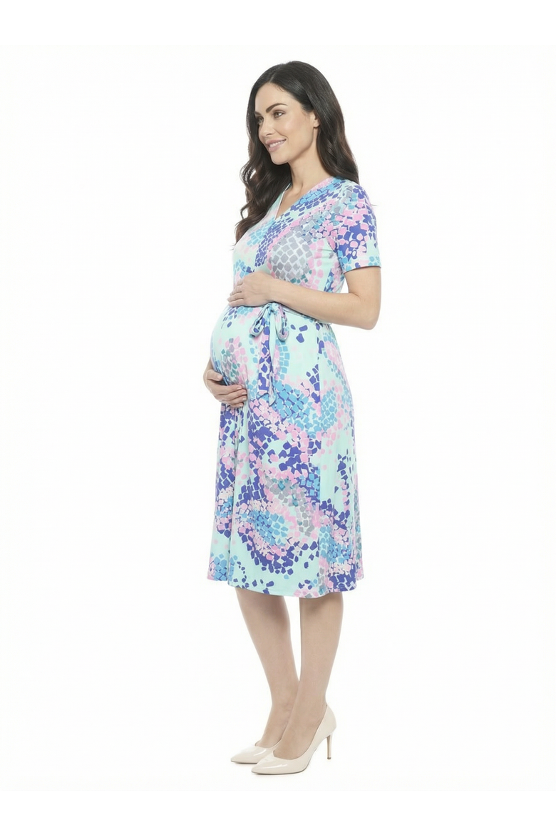 Maternity Abstract V-Neck Short Sleeve A-Line Midi Dress, Alternate, color, Blue Multi