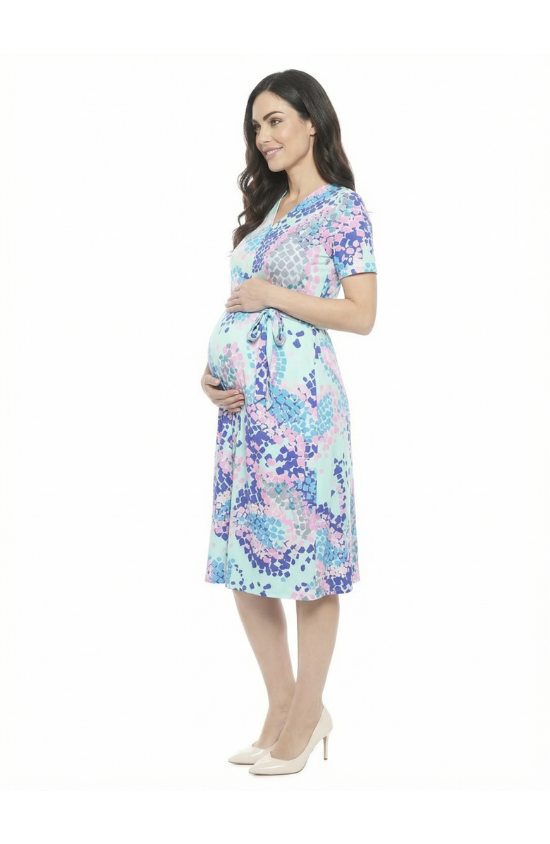 24seven Comfort Apparel Maternity Abstract V-Neck Short Sleeve A-Line Midi Dress, Alternate, color, Blue Multi