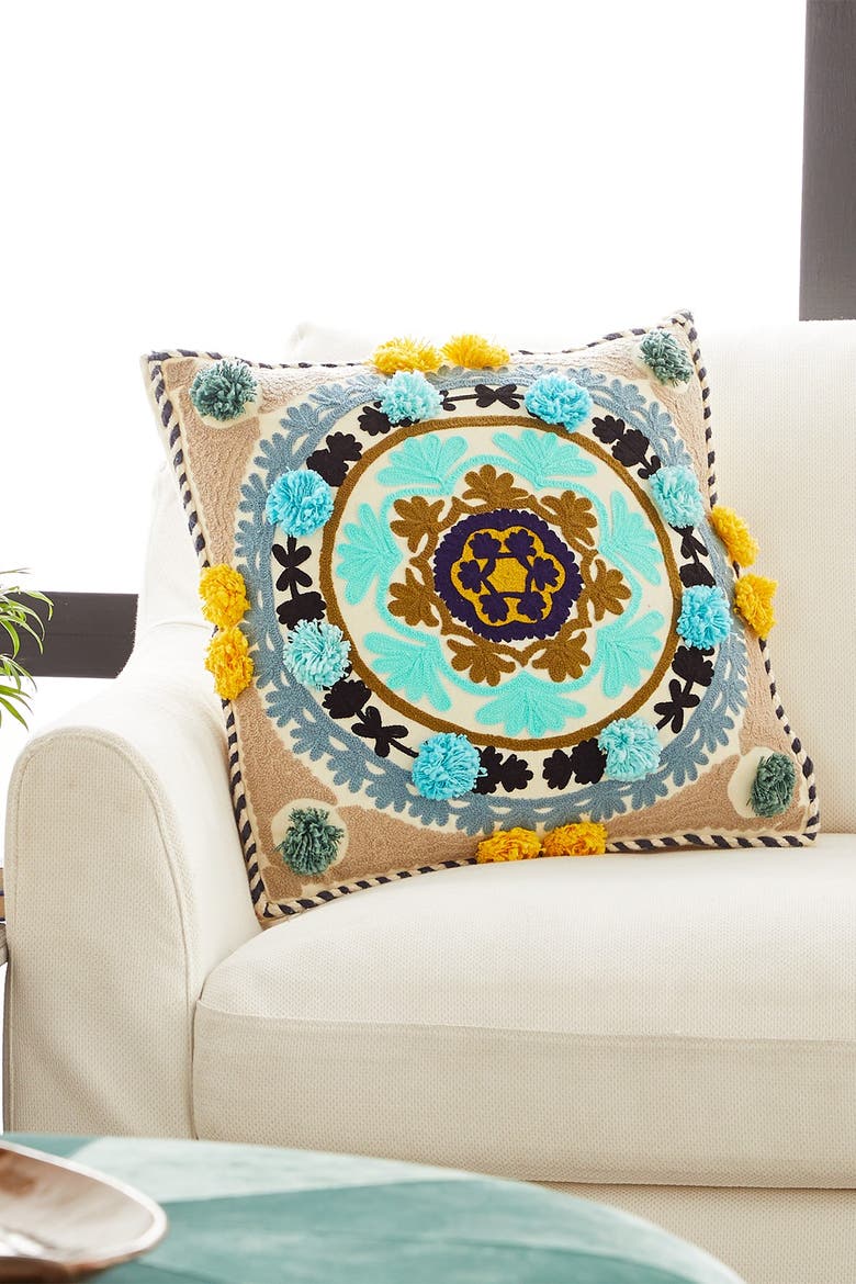 Decorative Multicolored Square Mandala Embroidered Throw Pillow, Alternate, color, MULTI