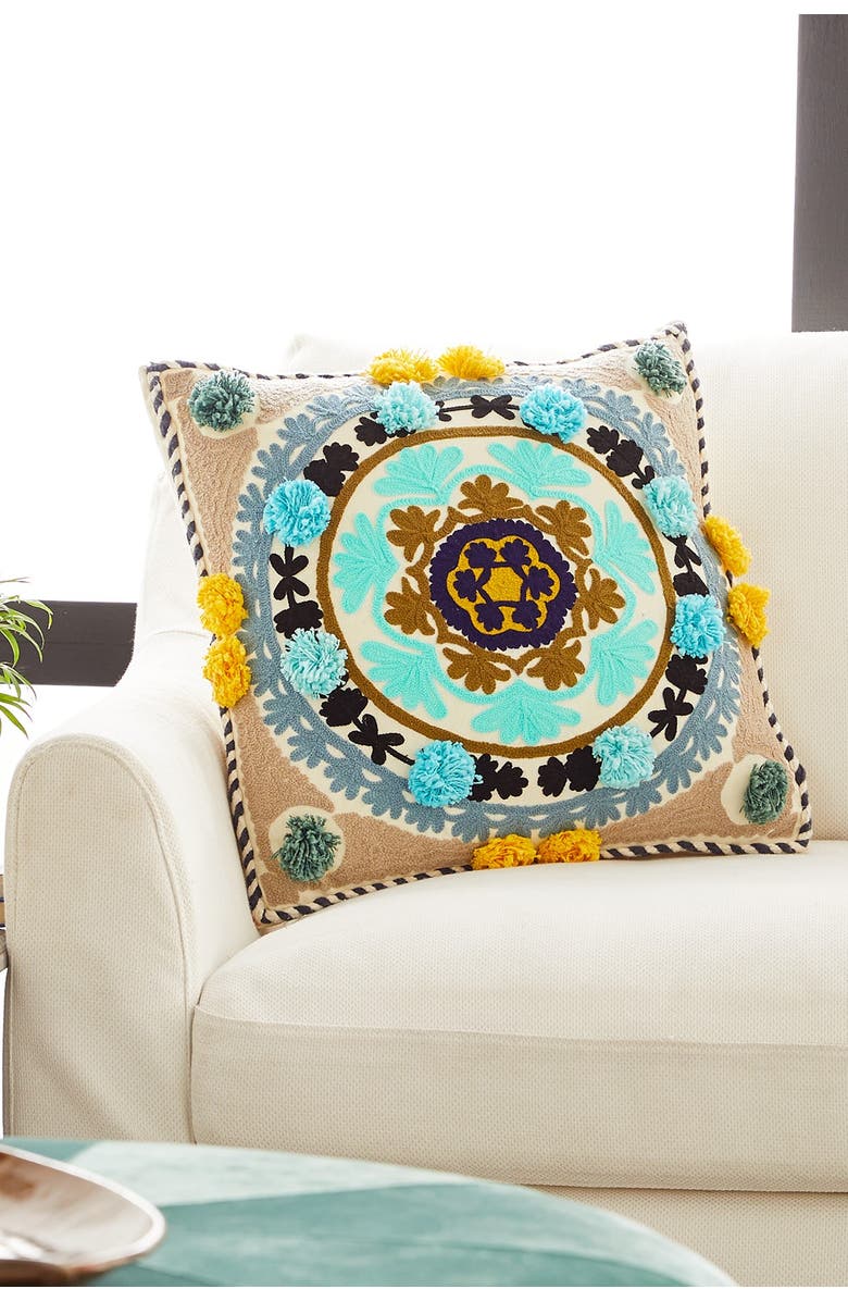 GINGER BIRCH STUDIO Decorative Multicolored Square Mandala Embroidered Throw Pillow, Alternate, color,