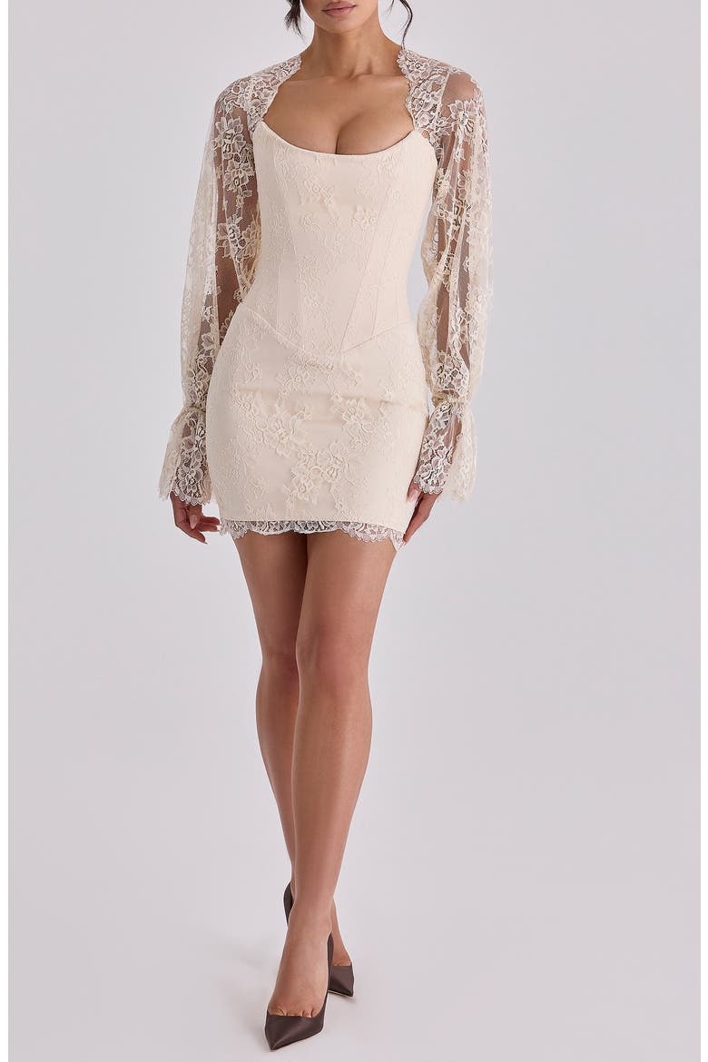 Aliana Lace Overlay Long Sleeve Cocktail Minidress, Main, color, VINTAGE IVORY