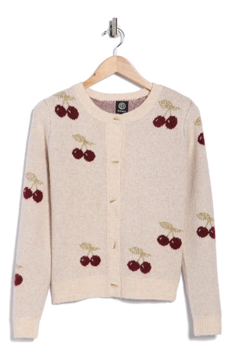 Cherry Jacquard Cardigan, Alternate, color, OATMEAL / DARK RED