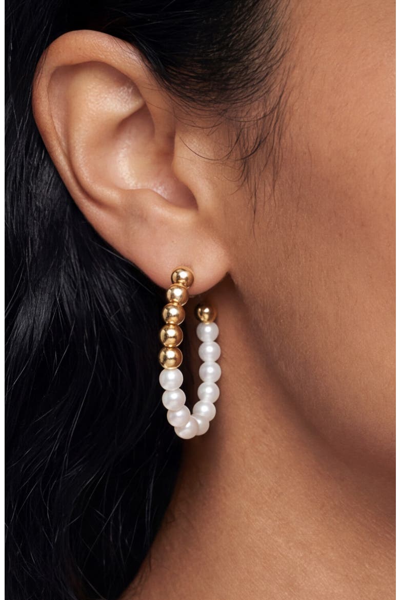 Metallic Beaded Faux Pearl Hoop Earrings, Alternate, color, GOLD