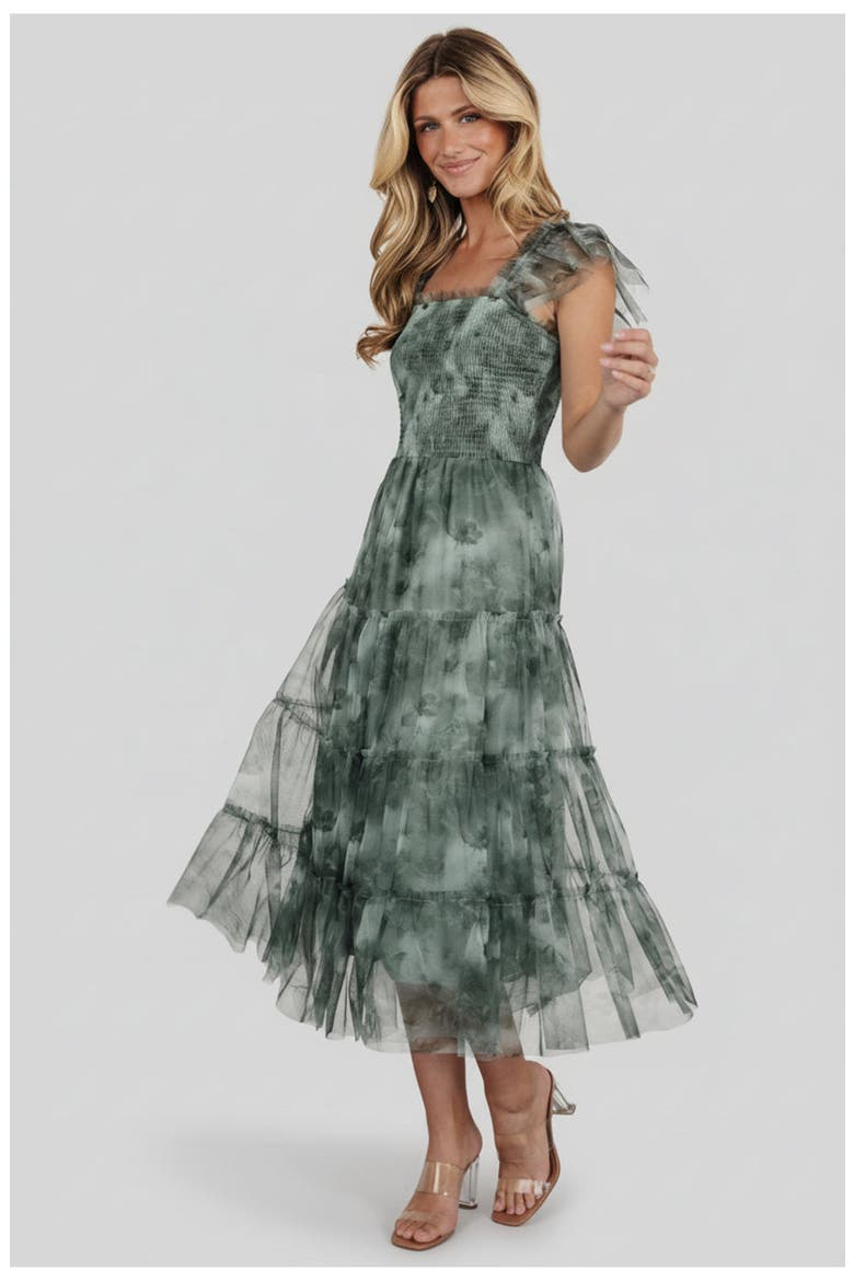 Clementine Tulle Midi Dress, Alternate, color, Dusty Green Print