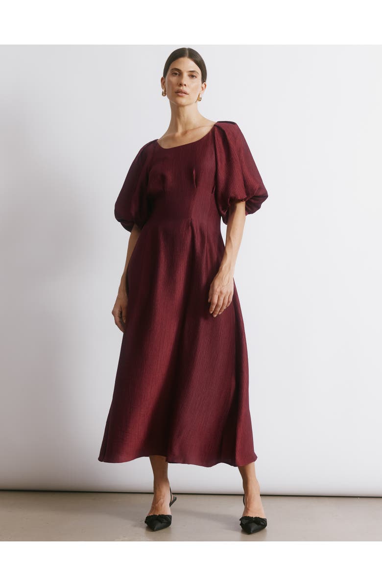 Albaray Crinkle Satin Short Sleeve Midi Dress, Main, color, Burgundy