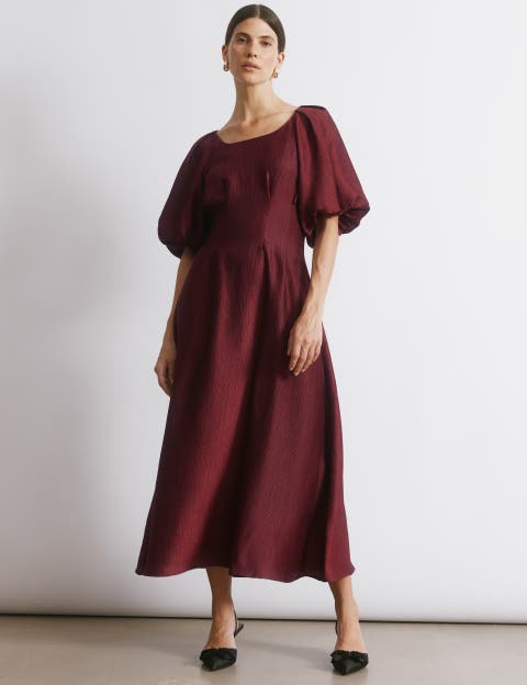 Crinkle Satin Short Sleeve Midi Dress