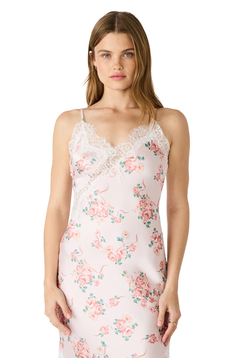 Steve Madden Floral Asymmetric Hem Satin Slipdress, Alternate, color, Peach Romance