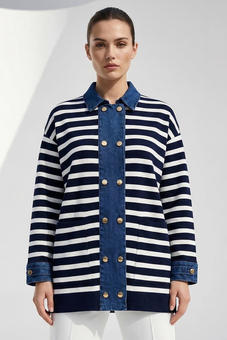 Gaetan Long Sleeve Striped Knit Cardigan, Alternate, color, Navy