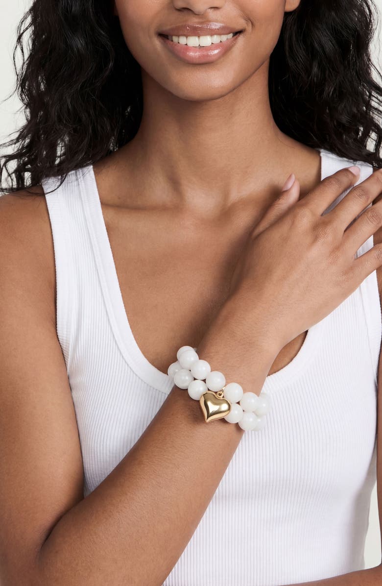 Ettika Luck & Love Stone Puffy Heart Stretch Bracelet, Alternate, color, Bone