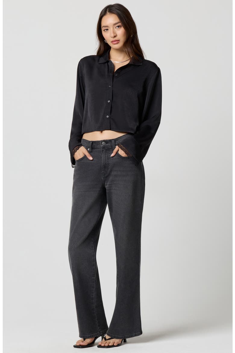 Silky Satin Crop Sleep Shirt, Alternate, color, BLACK