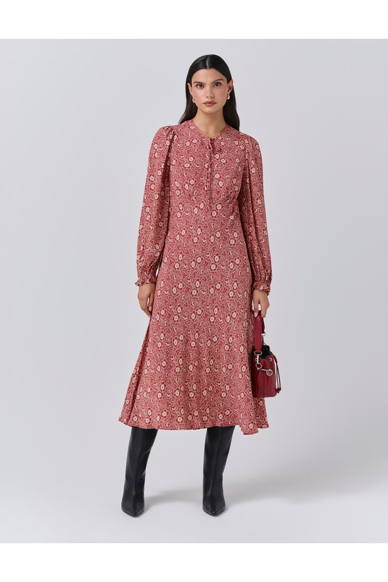 Stella Floral Crepe Tie Front Midi Dress, Main, color, Red Ditsy