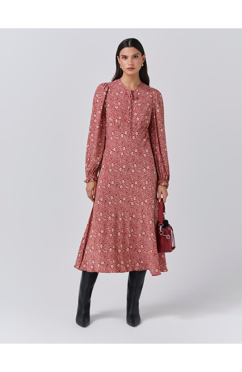 Ghost London Stella Floral Crepe Tie Front Midi Dress, Main, color, Red Ditsy