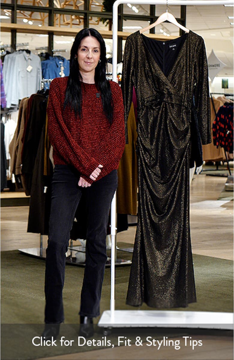 Long Sleeve Metallic Ruched Gown, sales video thumbnail