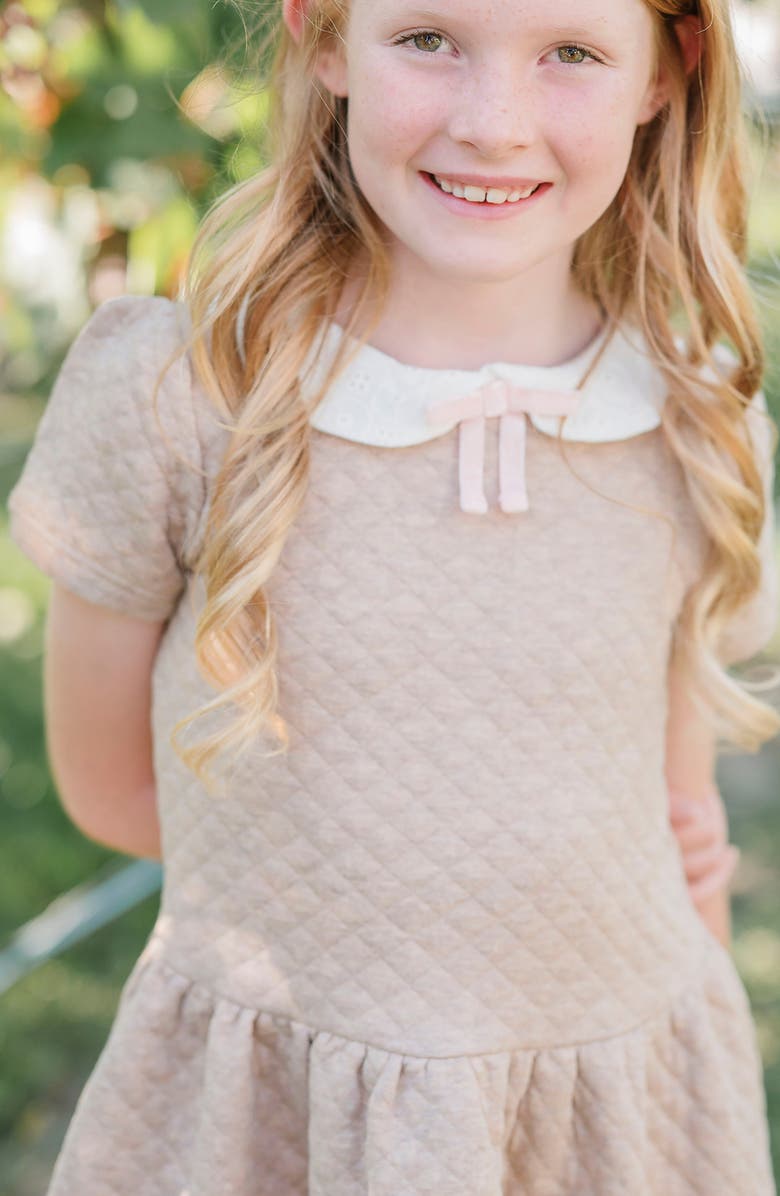 Hope & Henry Kids' Short Sleeve Quilted Dress with Eyelet Collar, Alternate, color, Camel Heather Quilted