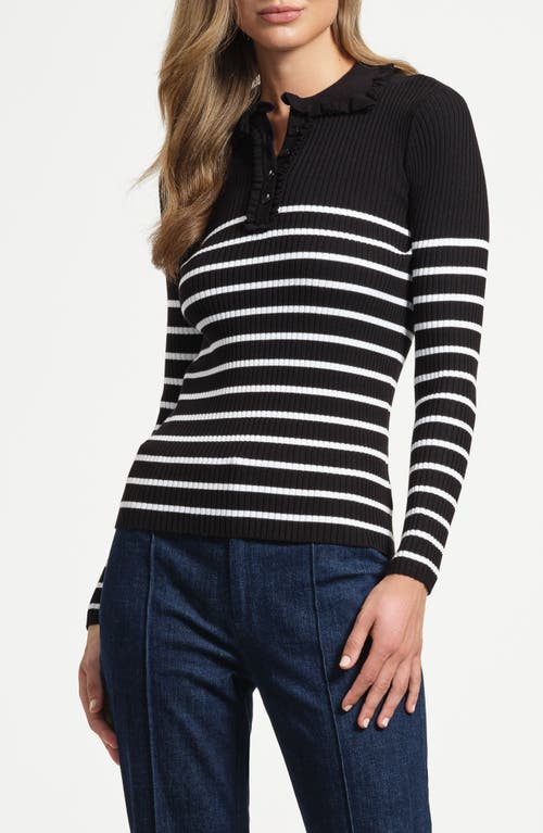 Isaac Mizrahi New York Stripe Ruffle Rib Polo Sweater In Black