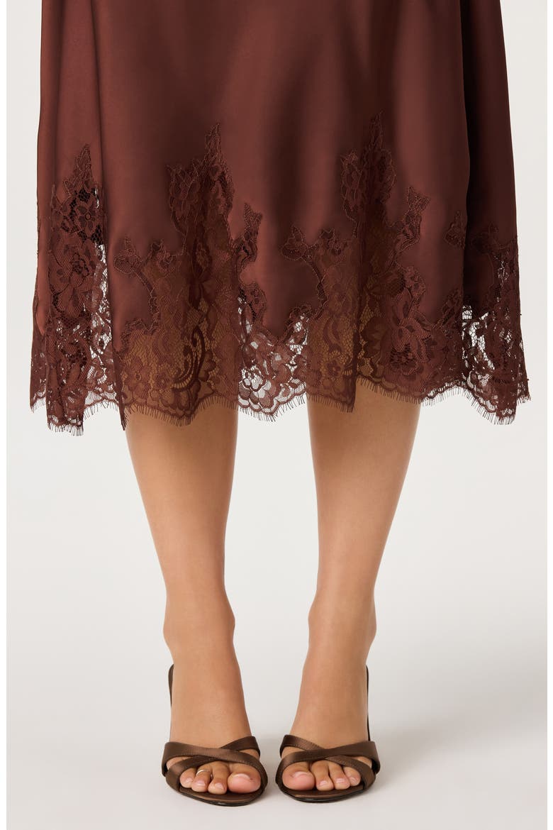 Abrianna Lace Trim Satin Midi Dress, Alternate, color, BROWN