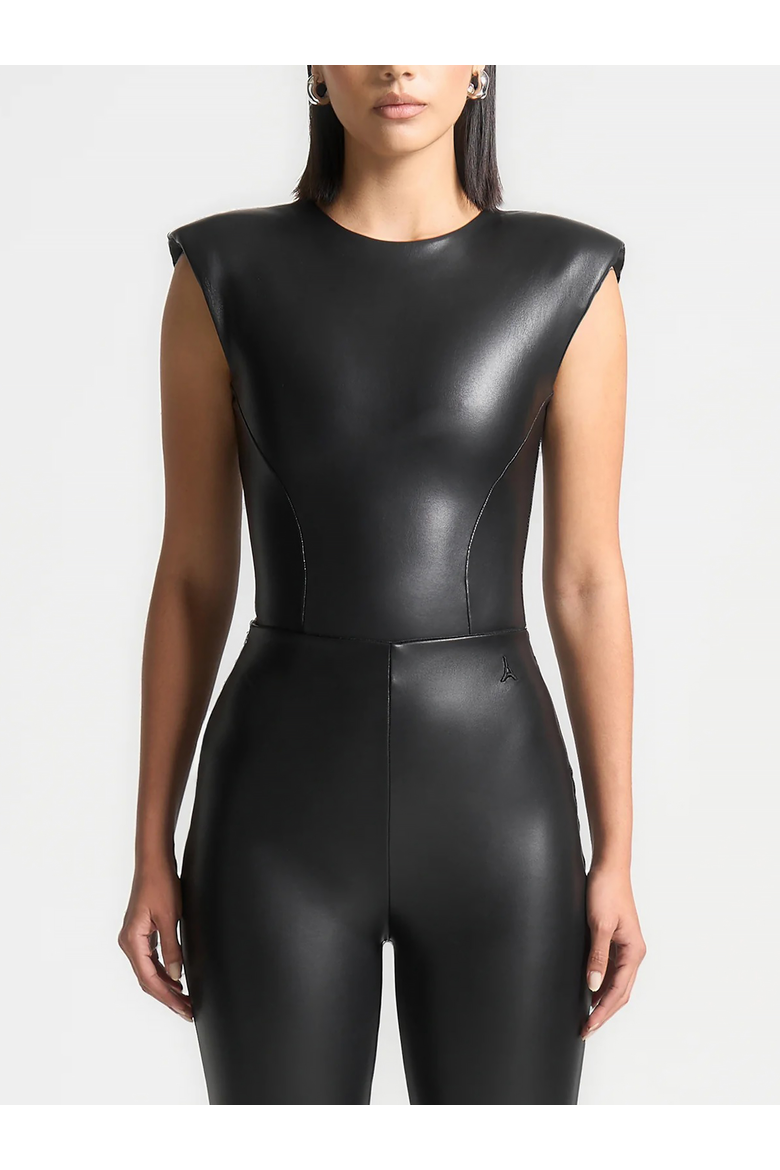 Exaggerated Shoulder Leather Bodysuit, Alternate, color, Black