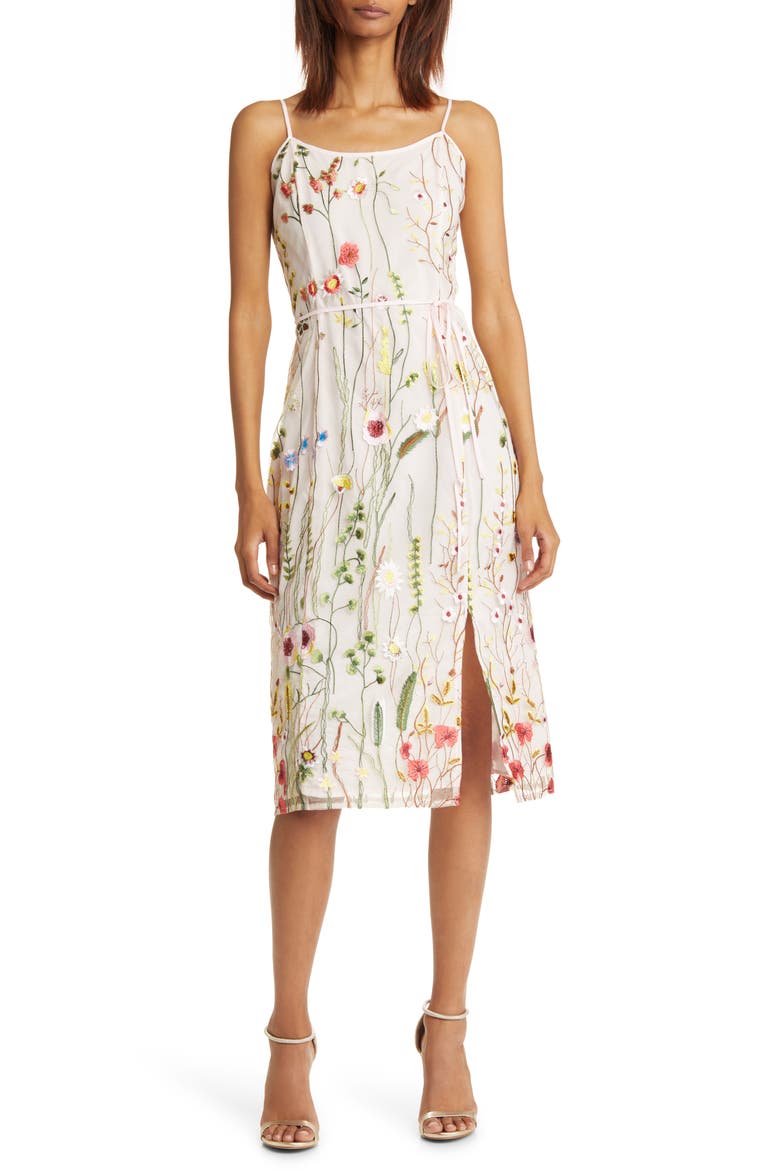 Floral Stem Embroidered Midi Dress, Main, color, ECRU MULTI