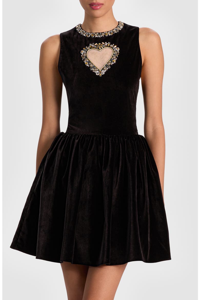 Ella Crystal Embellished Illusion Heart Cutout Velvet Minidress, Main, color, BLACK