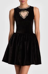 Alice + Olivia Ella Crystal Embellished Illusion Heart Cutout Velvet Minidress