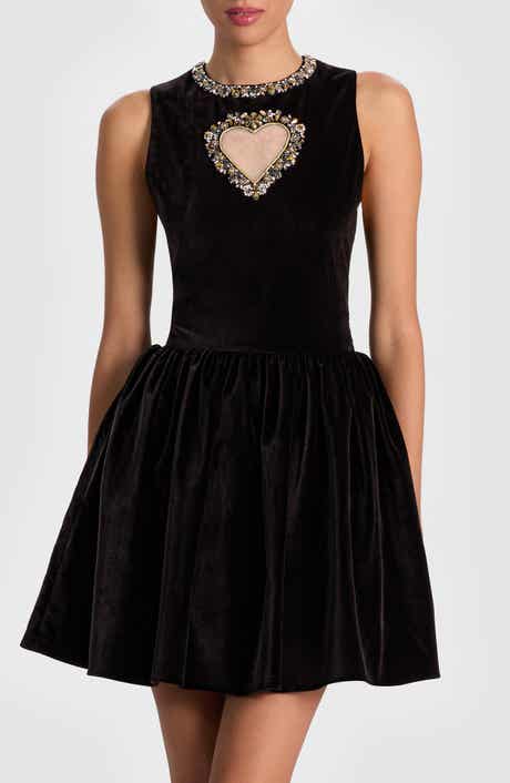 Alice + Olivia Ella Crystal Embellished Illusion Heart Cutout Velvet Minidress