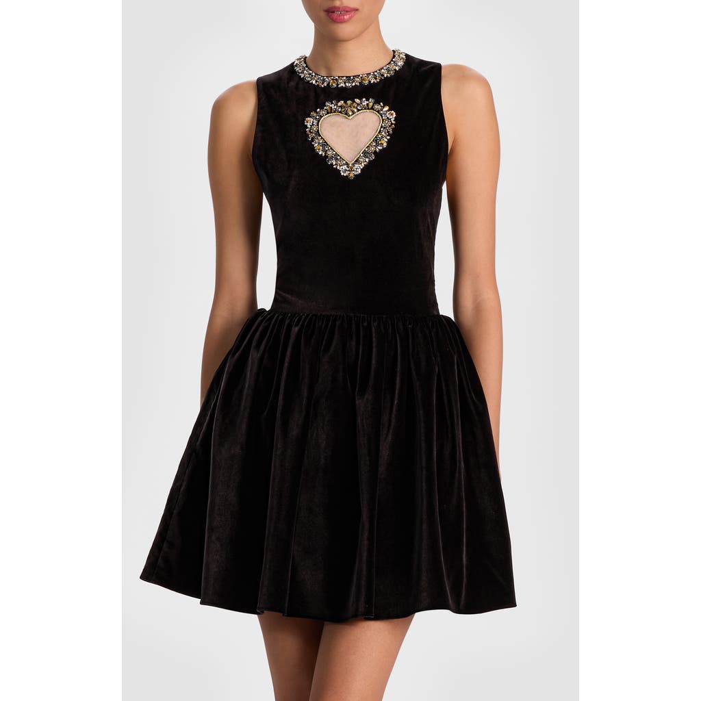 Alice And Olivia Alice + Olivia Ella Crystal Embellished Illusion Heart Cutout Velvet Minidress In Black