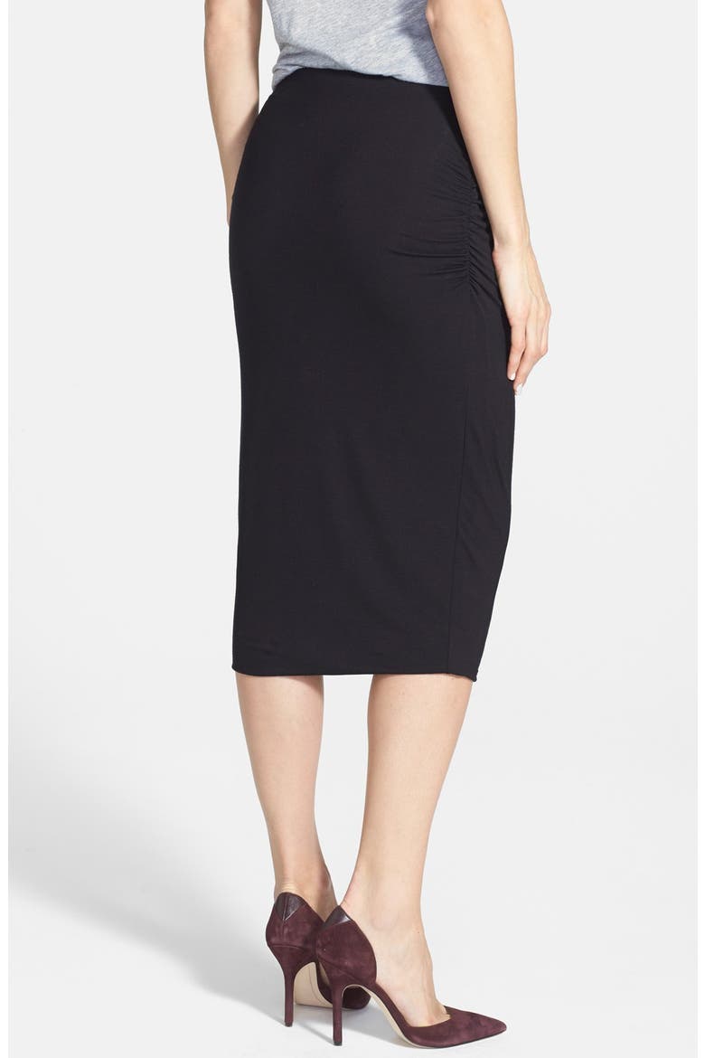 Side Ruched Stretch Knit Midi Skirt, Alternate, color, BLACK