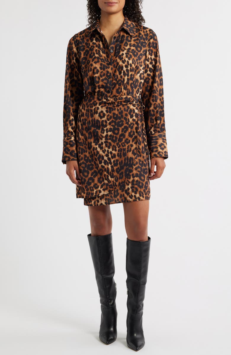 Sam Edelman Leopard Print Long Sleeve Shirtdress, Main, color, Black/ Brown Multi
