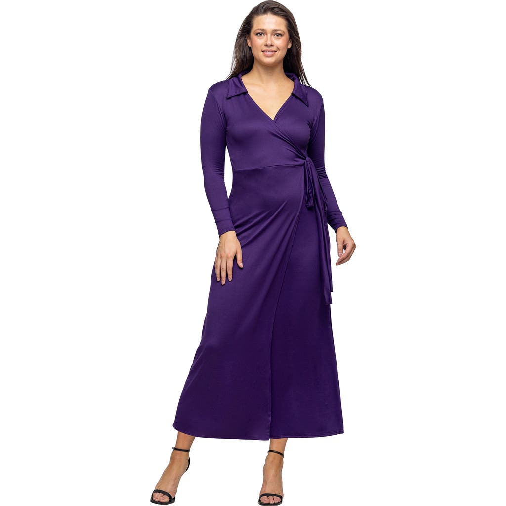 24seven Comfort Apparel Comfortable Collared Wrap Maxi Dress In Purple
