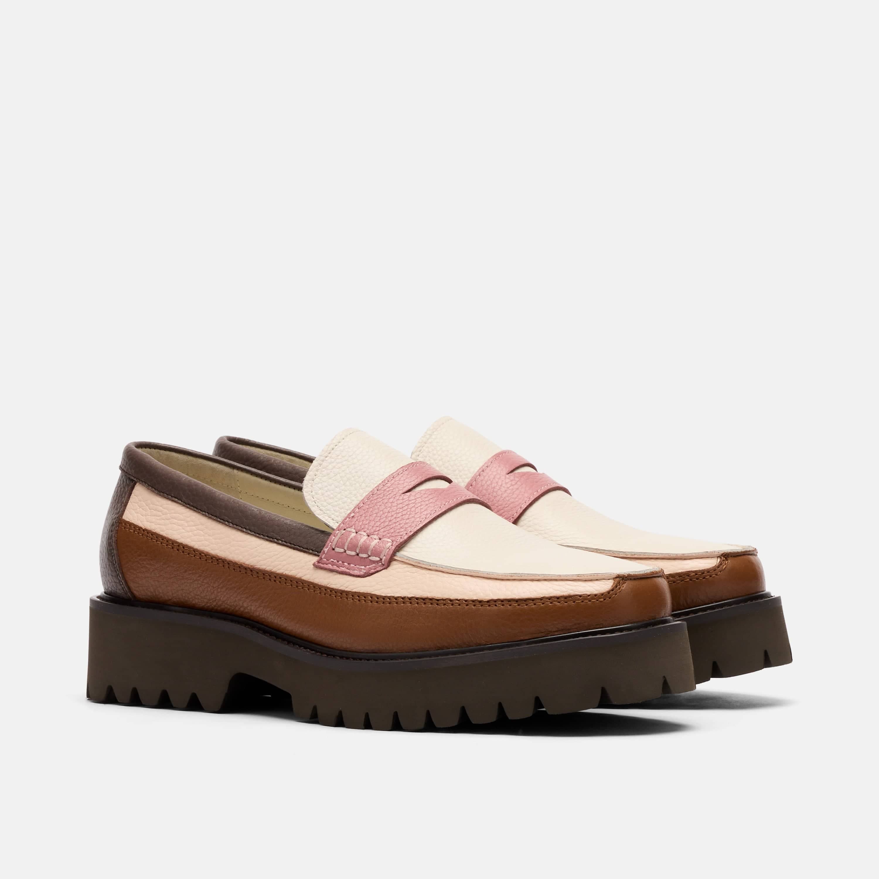MARC NOLAN Ms. Adler Leather Lug Penny Loafers, Alternate, color, Brown/Cream/Pink