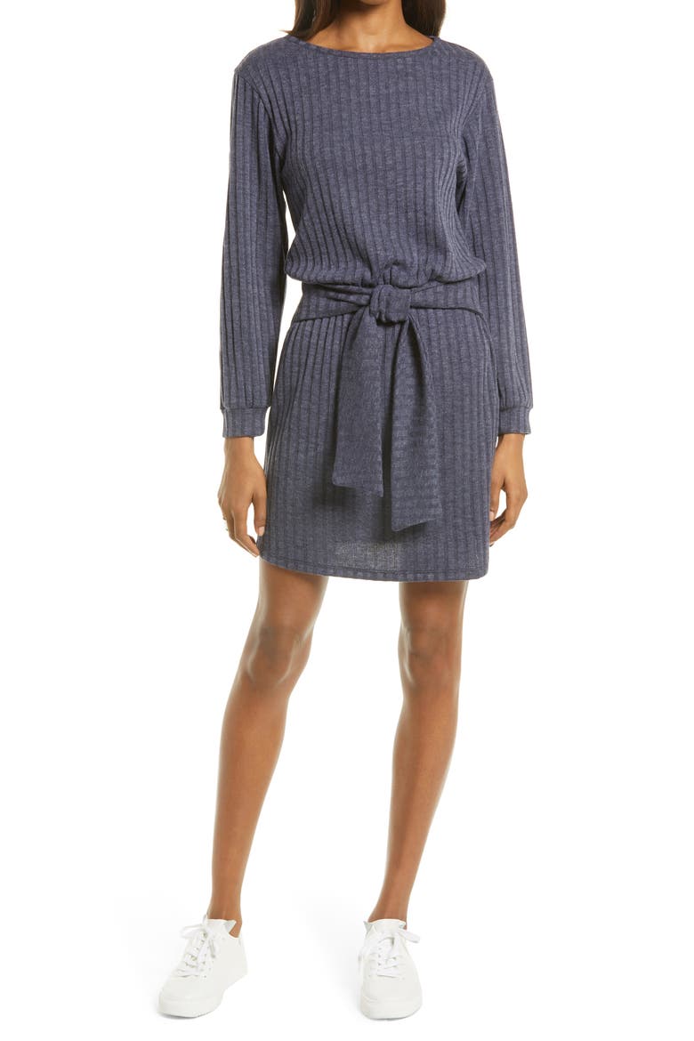 Tie Front Long Sleeve Dress, Main, color, HEATHER NAVY