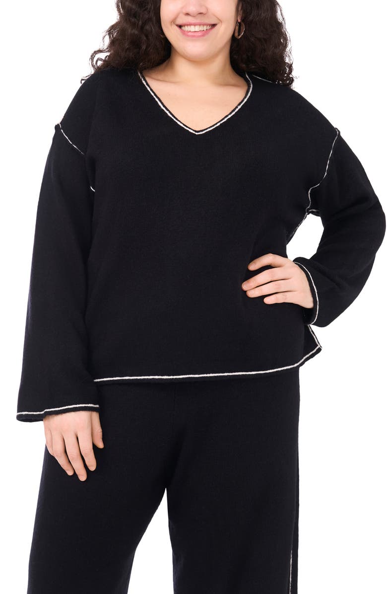 Vince Camuto Tipped V-Neck Sweater, Main, color, Rich Black