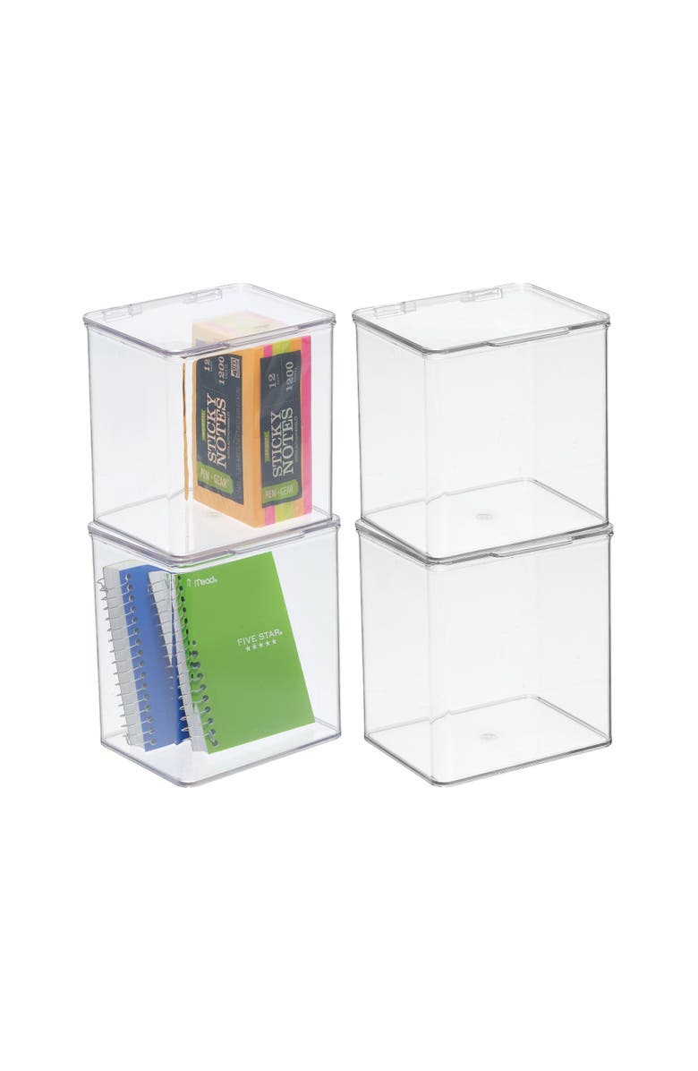 mDesign Plastic Desk Organizer Bin Box, Hinge Lid for Home Office, 4 Pack, Alternate, color, 