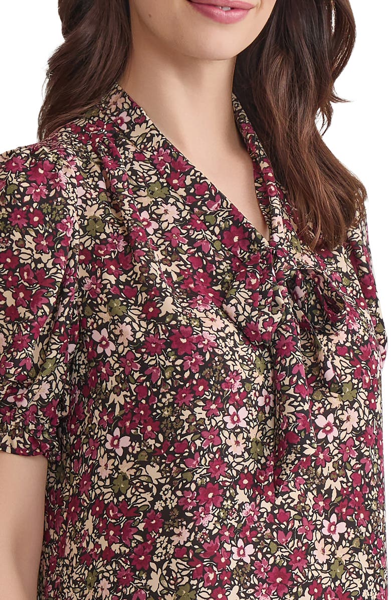Jones New York Floral Tie Neck Puff Sleeve Top, Alternate, color, Bordeaux Multi