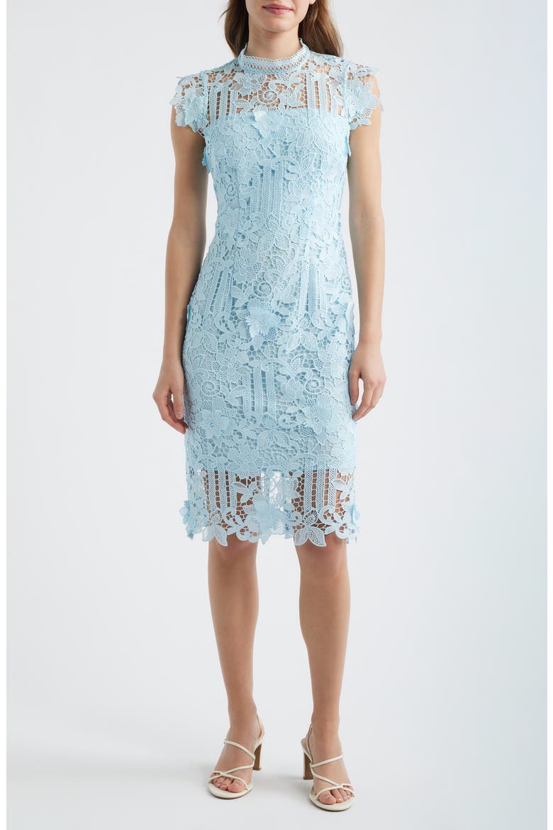 Floral Appliqué Lace Sheath Dress, Main, color, BLUE