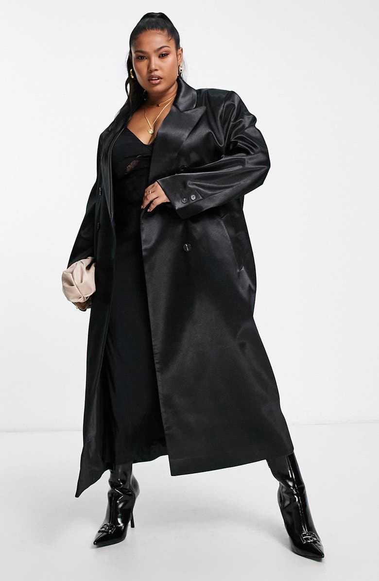 ASOS DESIGN Curve Satin Longline Coat, Main, color, 