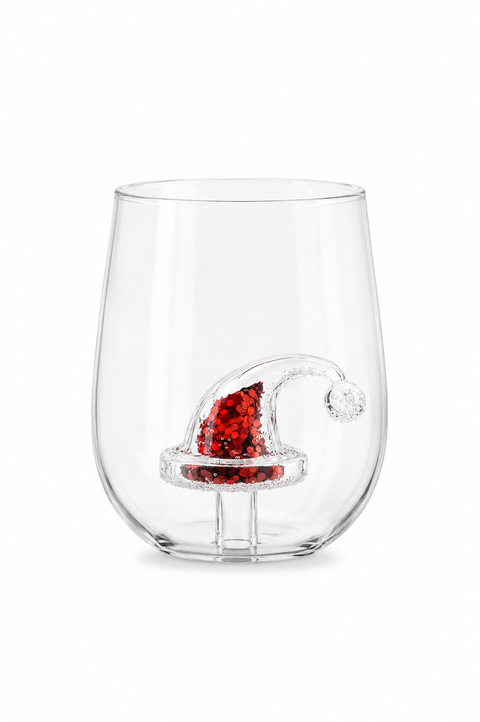 Glitter Christmas Santa Hat Stemless Wine Glass, Set of 4