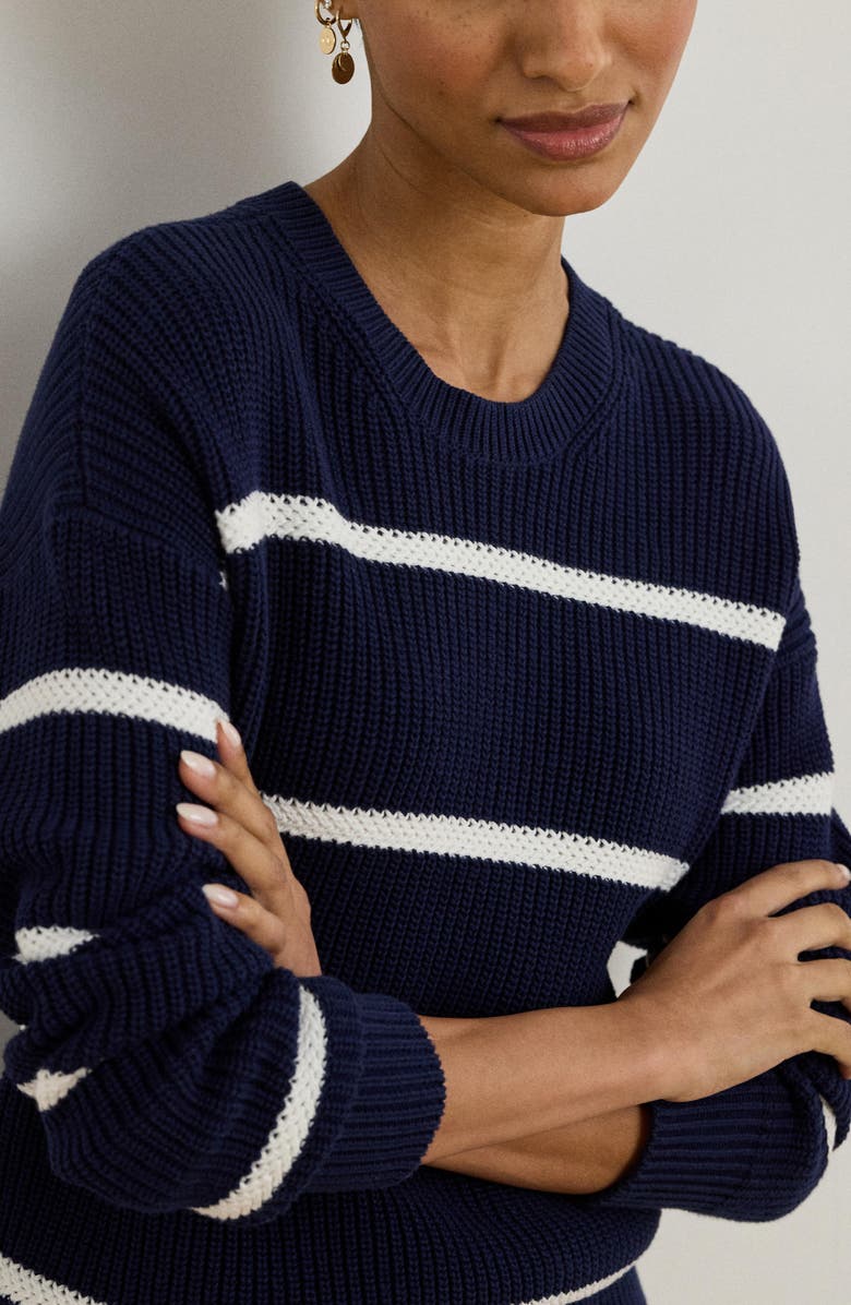 Lauren Ralph Lauren Stripe Combed Cotton Sweater, Alternate, color, Refined Navy Blue/ White