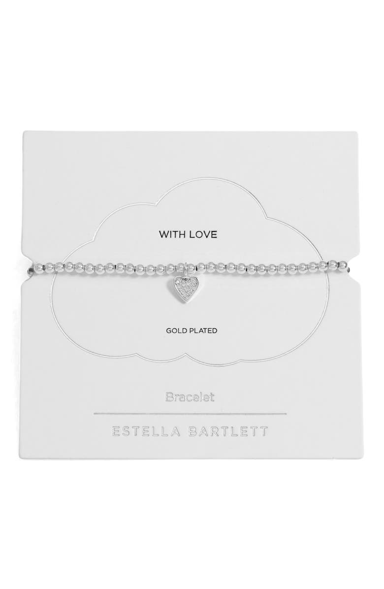 Estella Bartlett Sienna Pavé Crystal Heart Beaded Stretch Bracelet, Main, color, Silver