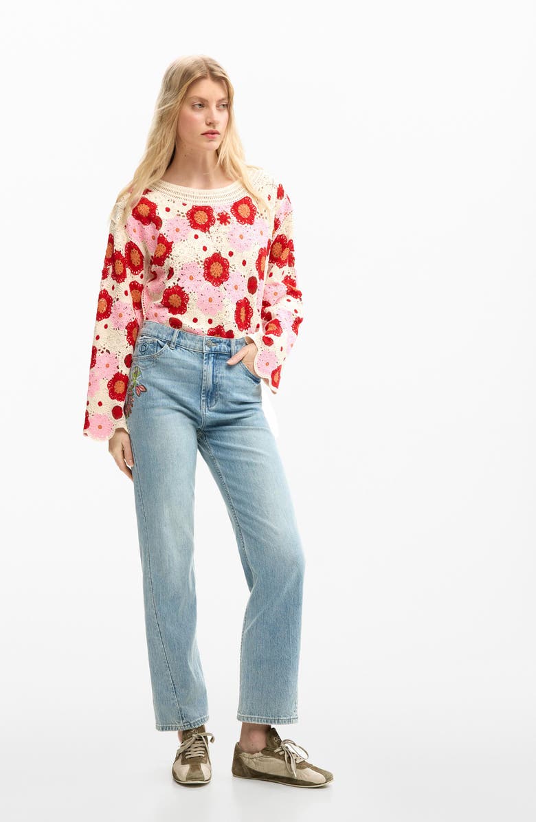 Desigual Floral Embroidery Slim Fit Jeans, Alternate, color, Medium Blue