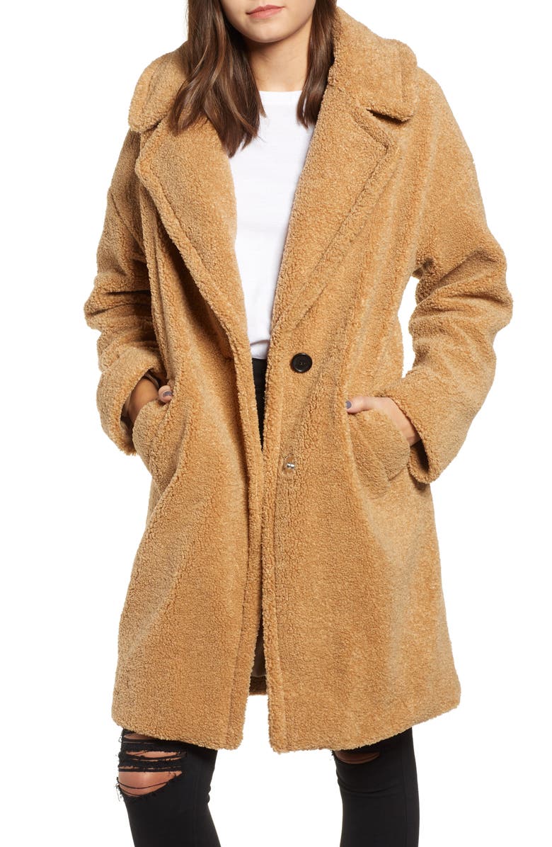 KENDALL + KYLIE Faux Fur Teddy Coat, Main, color, 